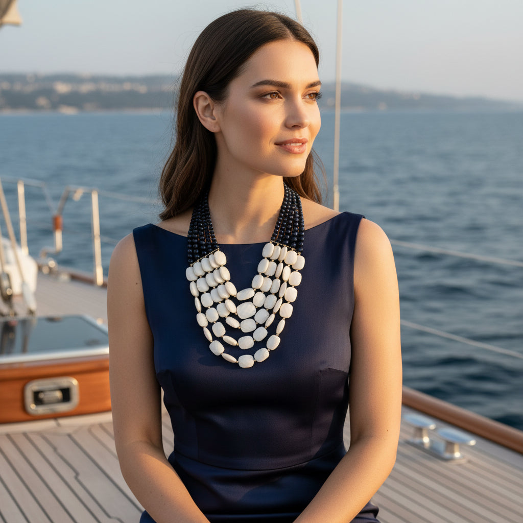 Necklace with white and blue beads on a boat at sea.