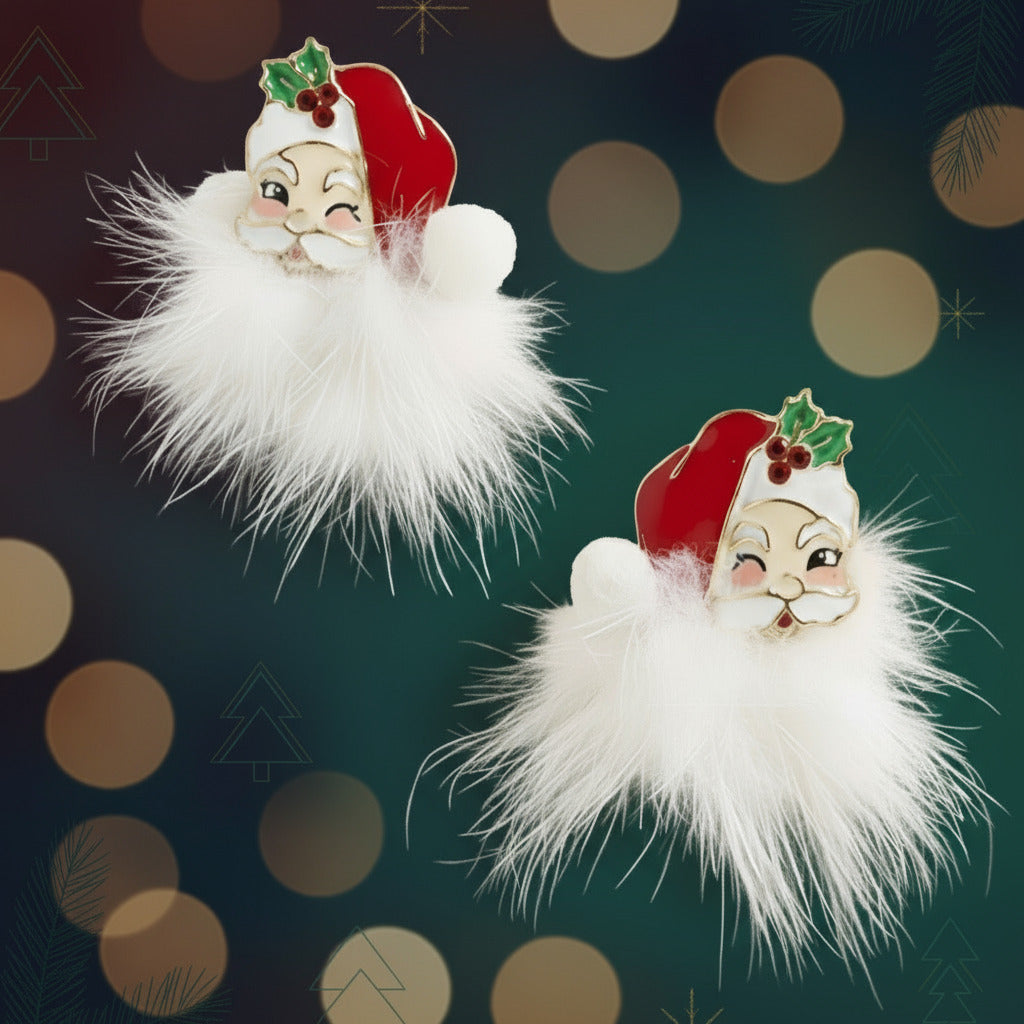 Christmas-themed earrings with Santa hats on a festive background