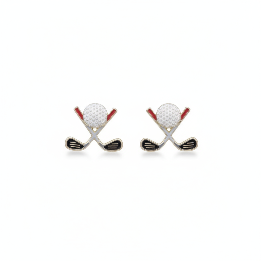 Golf ball and club earrings on a white surface