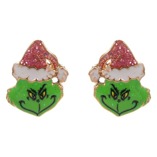 Earrings with Grinch face design on a white background