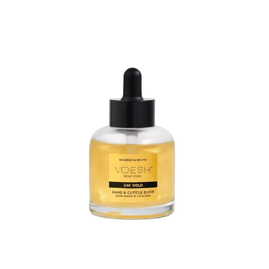 Bottle of Voesh 24K Gold hand and cuticle elixir on a white background