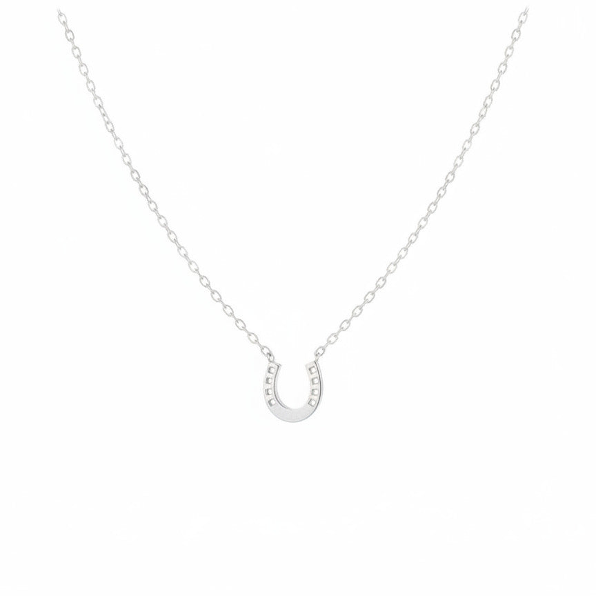 Silver necklace with a horseshoe pendant on a white surface