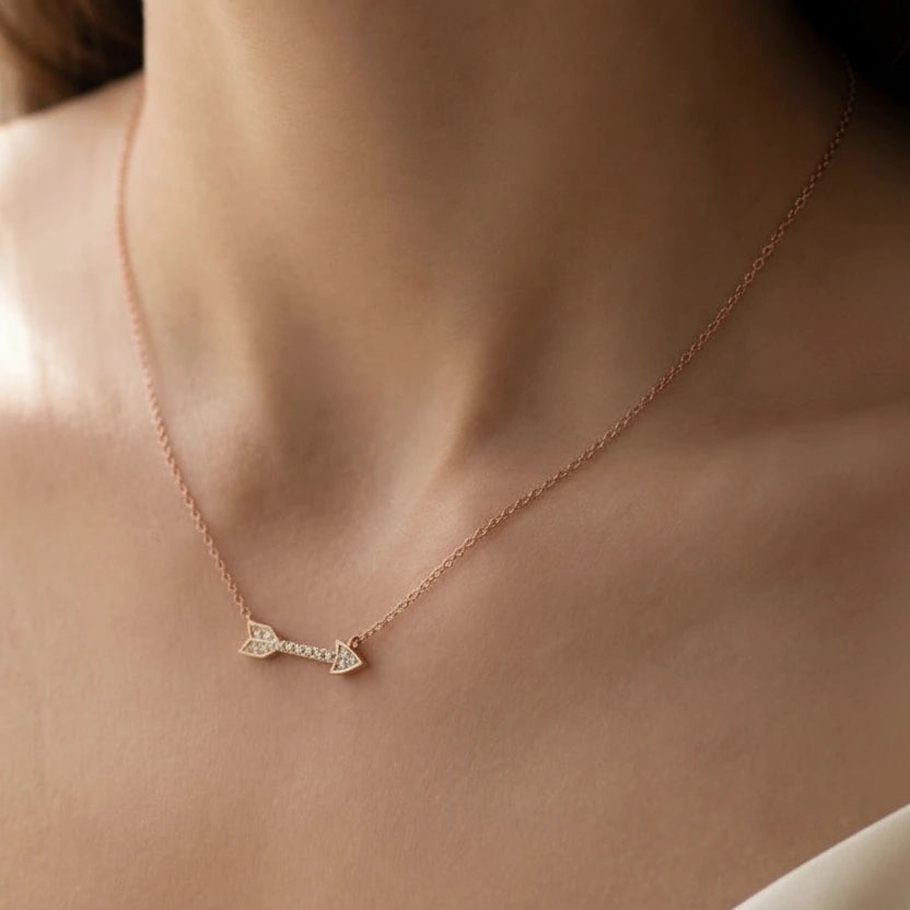 Rose-gold necklace with a delicate pendant on a person's neck