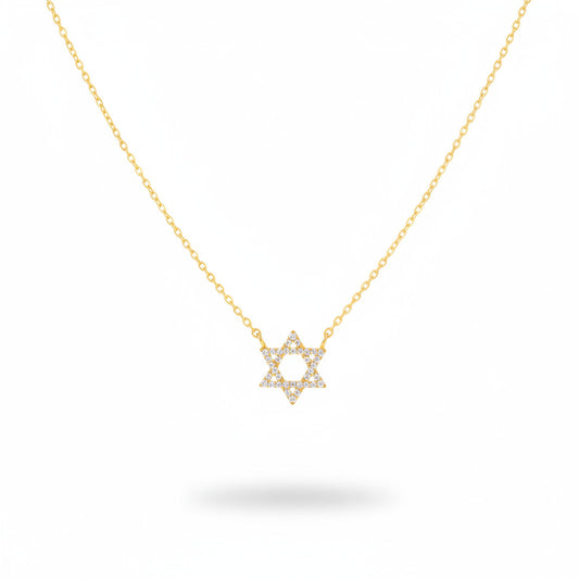 Gold necklace with a Star of David pendant on a white background