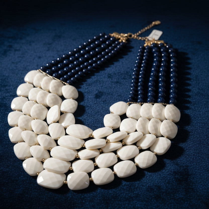 Necklace with white and navy beads on a blue surface