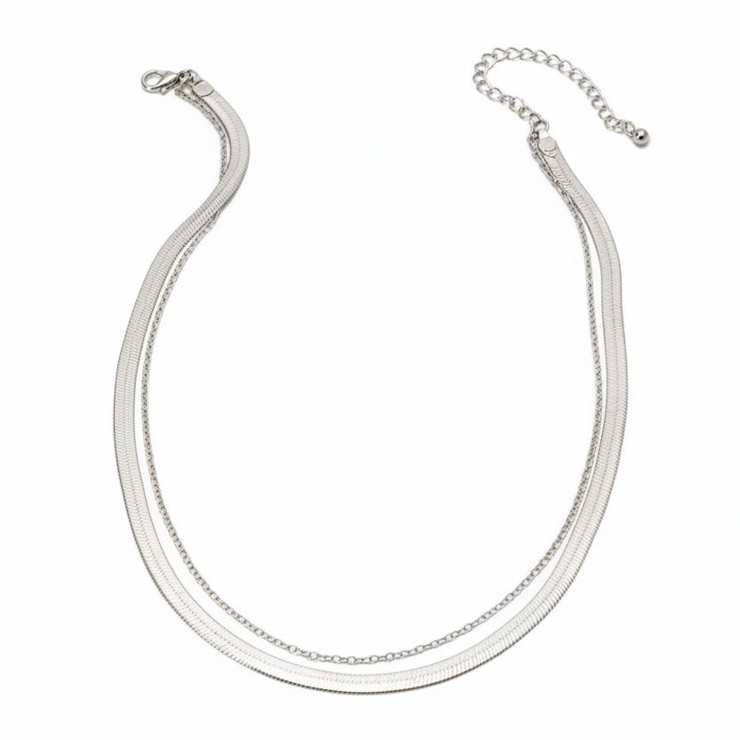 Silver double chain necklace on a white background