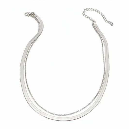 Silver double chain necklace on a white background