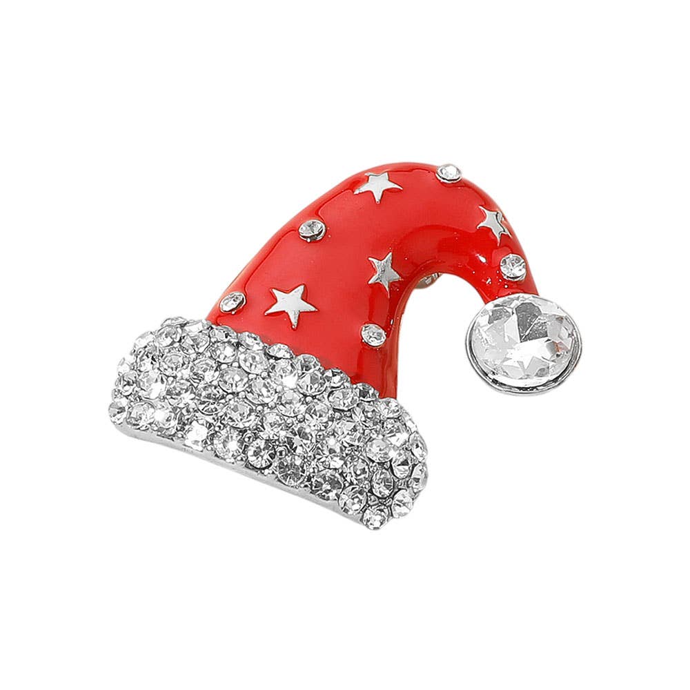 Red Santa hat brooch with silver rhinestones on a white background