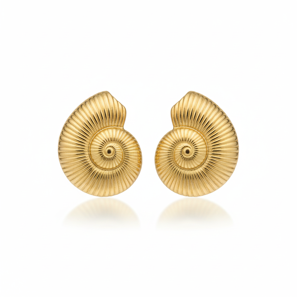 Gold shell earrings on a white background