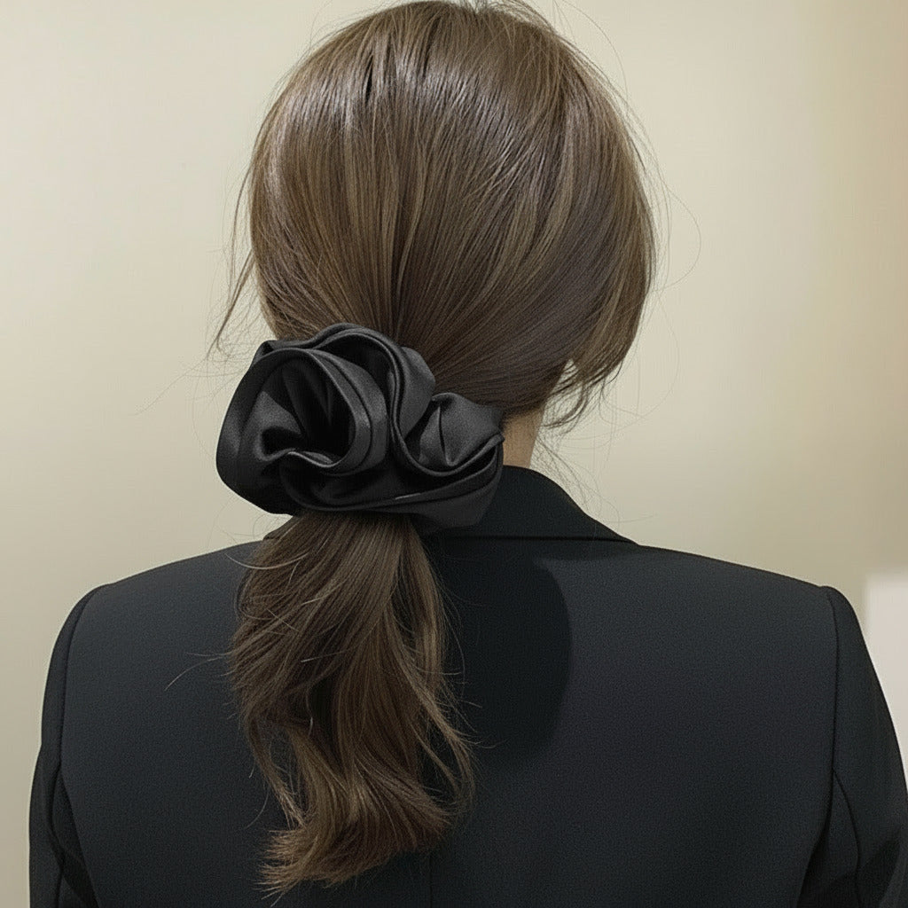 Person with a ponytail against a neutral background
