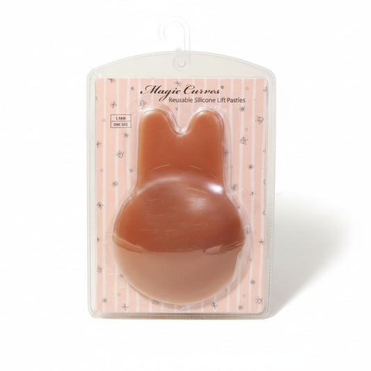 Reusable silicone lift pasties in packaging with 'Magic Curves' branding on a white background.