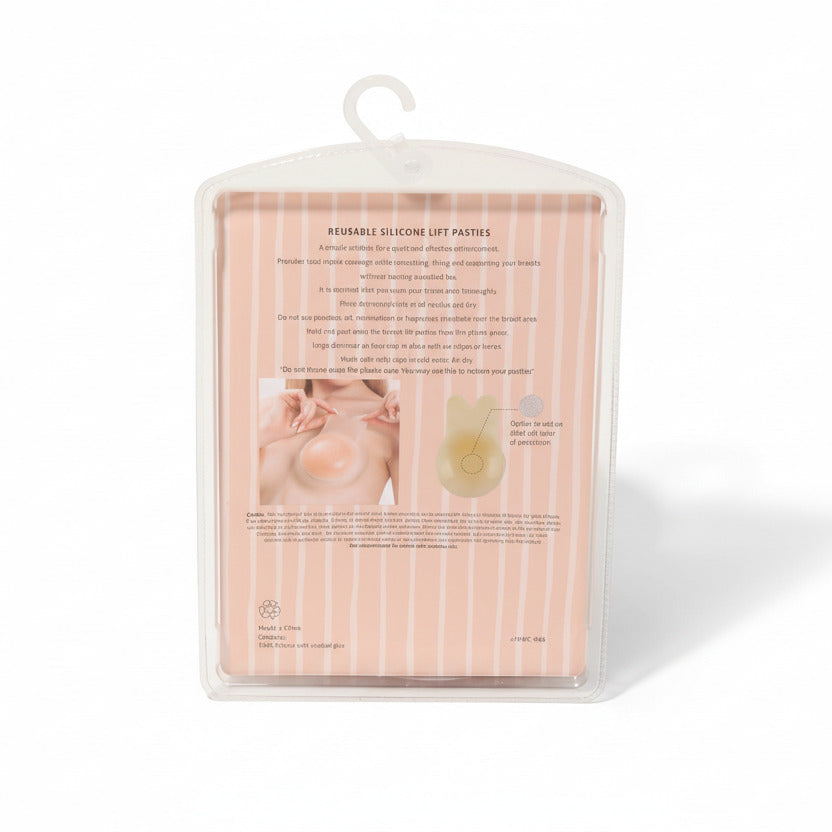 Packaging of reusable silicone lift pasties with instructions on a white background