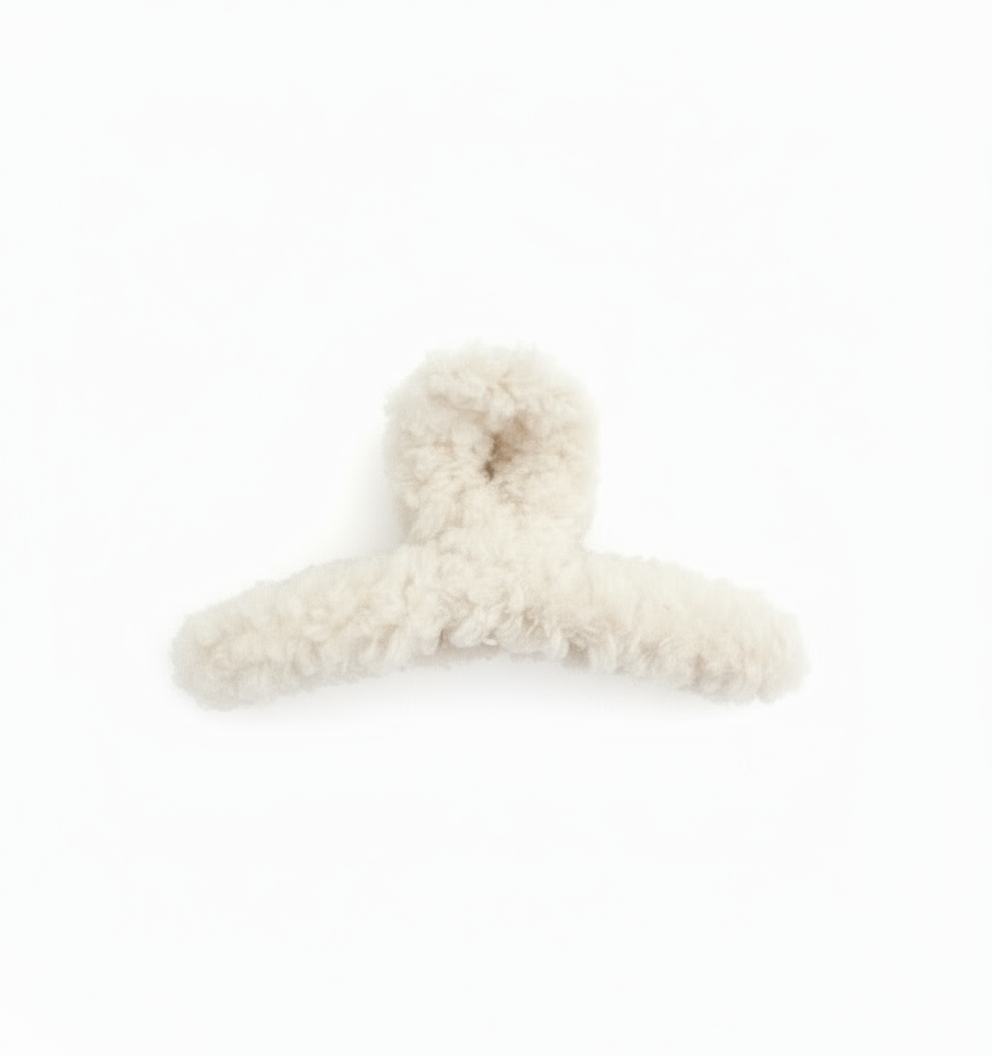 Teddy Love Fuzzy Hair Claw Clip in white on white background