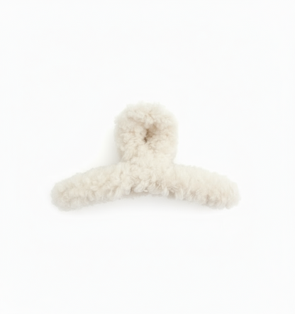 Teddy Love Fuzzy Hair Claw Clip in white on white background