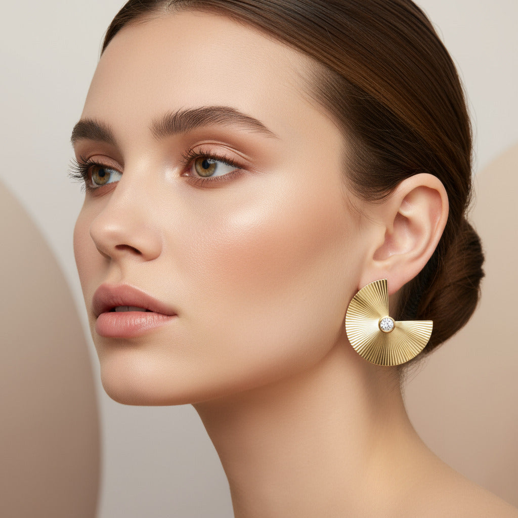 Illustration of a woman wearing large earrings on a light pink background