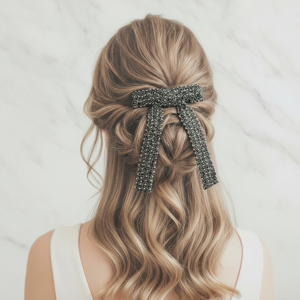 Decorative bow made of small beads in a womans hair
