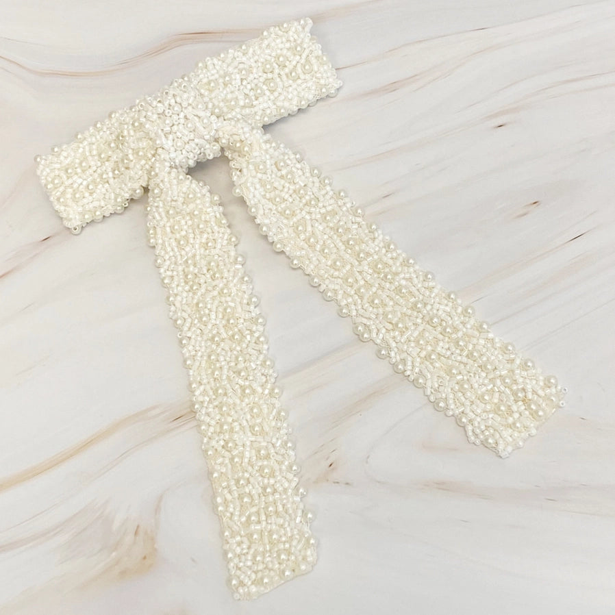 Luxe Beaded Bow Hair Clip - Silver