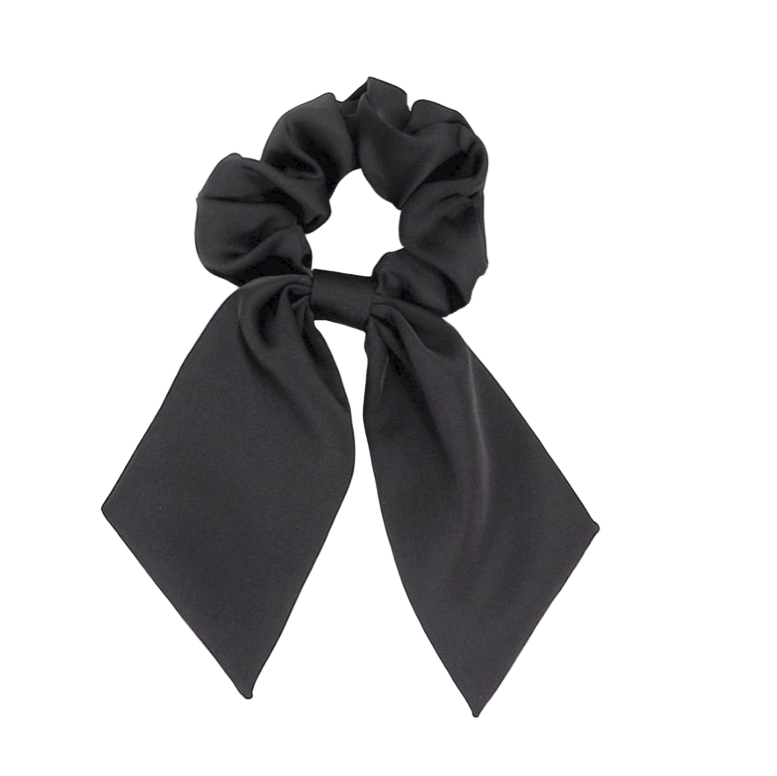 Black scrunchie with a bow on a white background