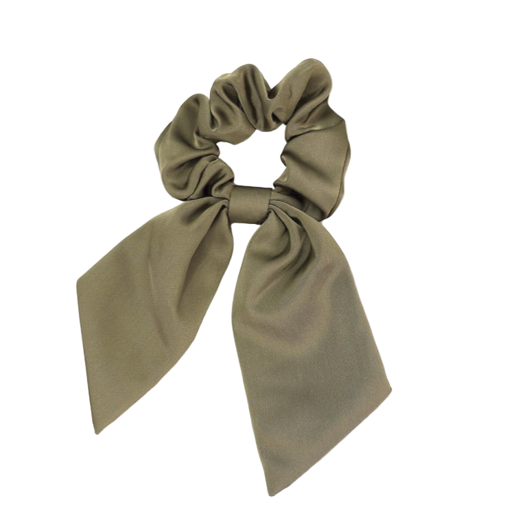 brown scrunchie with a bow on a white background