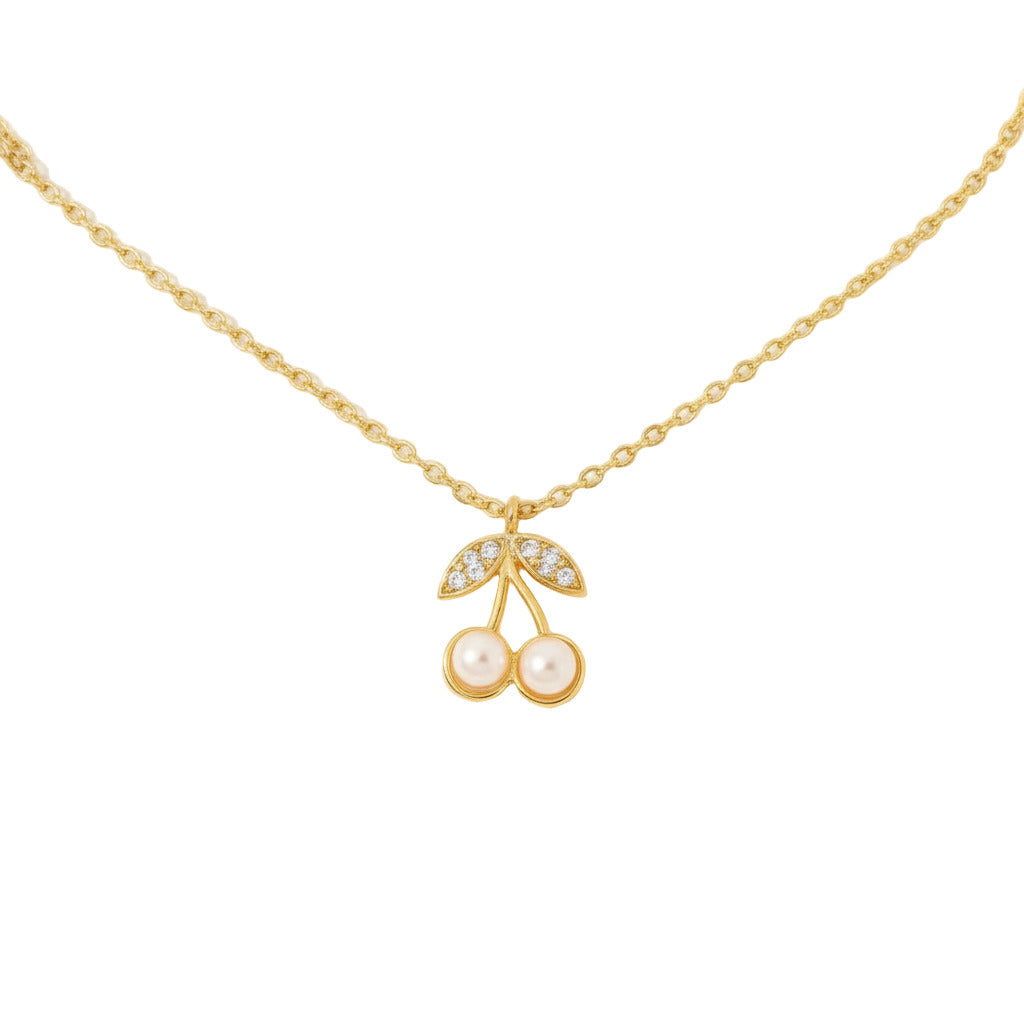 Gold necklace with white and rhinestone cherry design 
