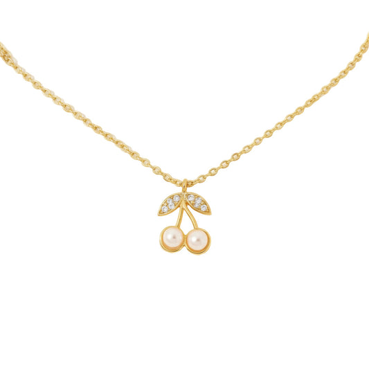 Gold necklace with white and rhinestone cherry design 