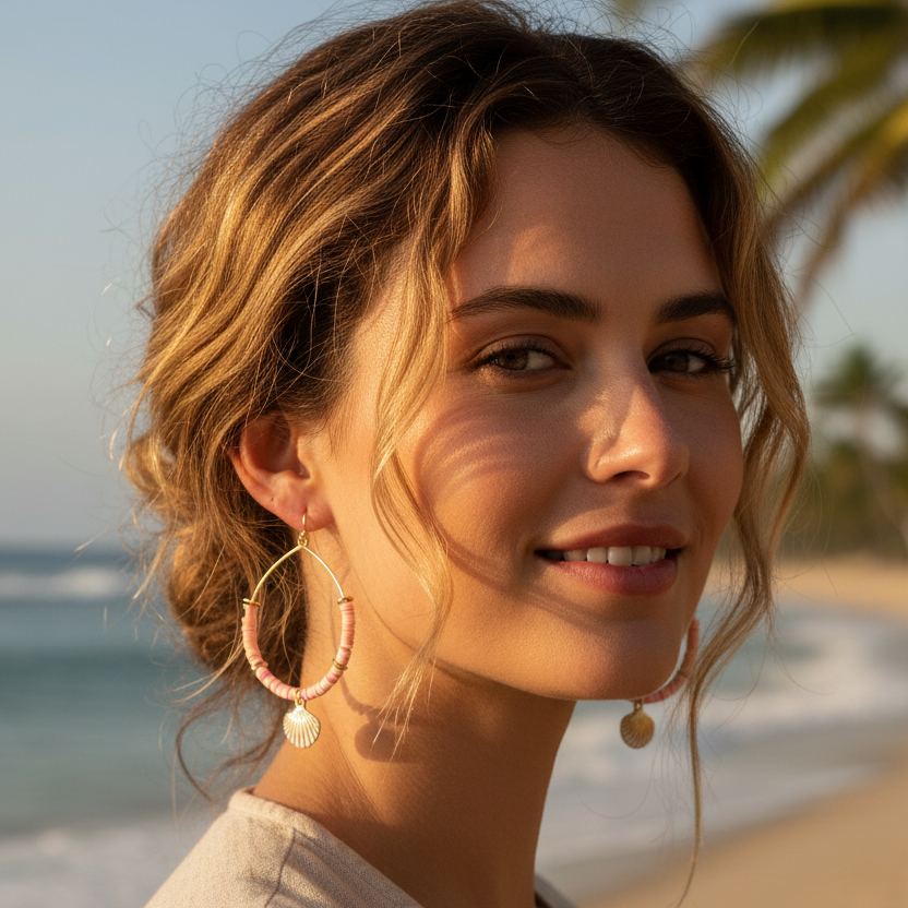 Pair of hoop earrings with shell charms on a woman at the beach