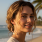 Pair of hoop earrings with shell charms on a woman at the beach