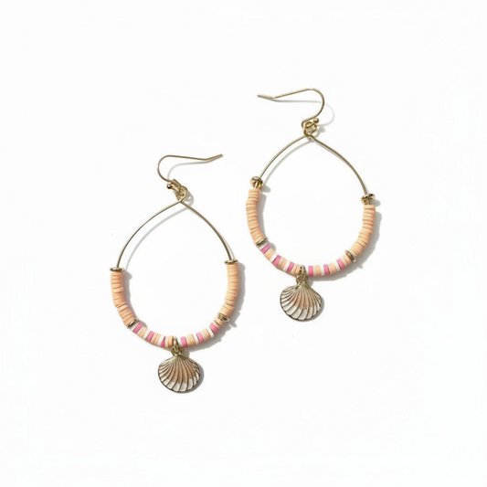 Pair of hoop earrings with shell charms on a white background