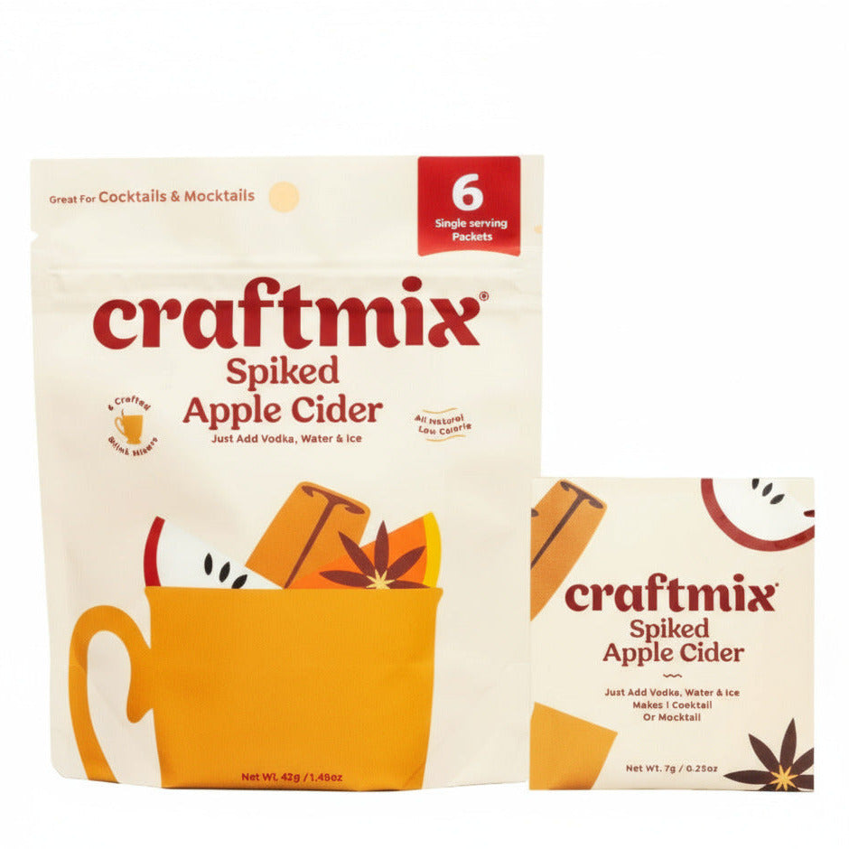 Craftmix Spiked Apple Cider packaging with a mug of apple cider, apples, and cinnamon sticks on a yellow background