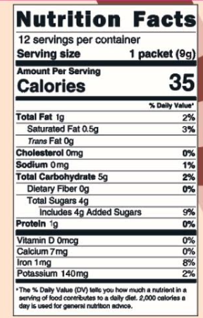 Nutrition facts label for a craftmix hot chocolate with serving size, calories, and nutritional content details.
