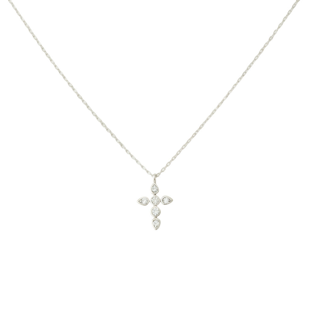 Silver cross necklace on a white background