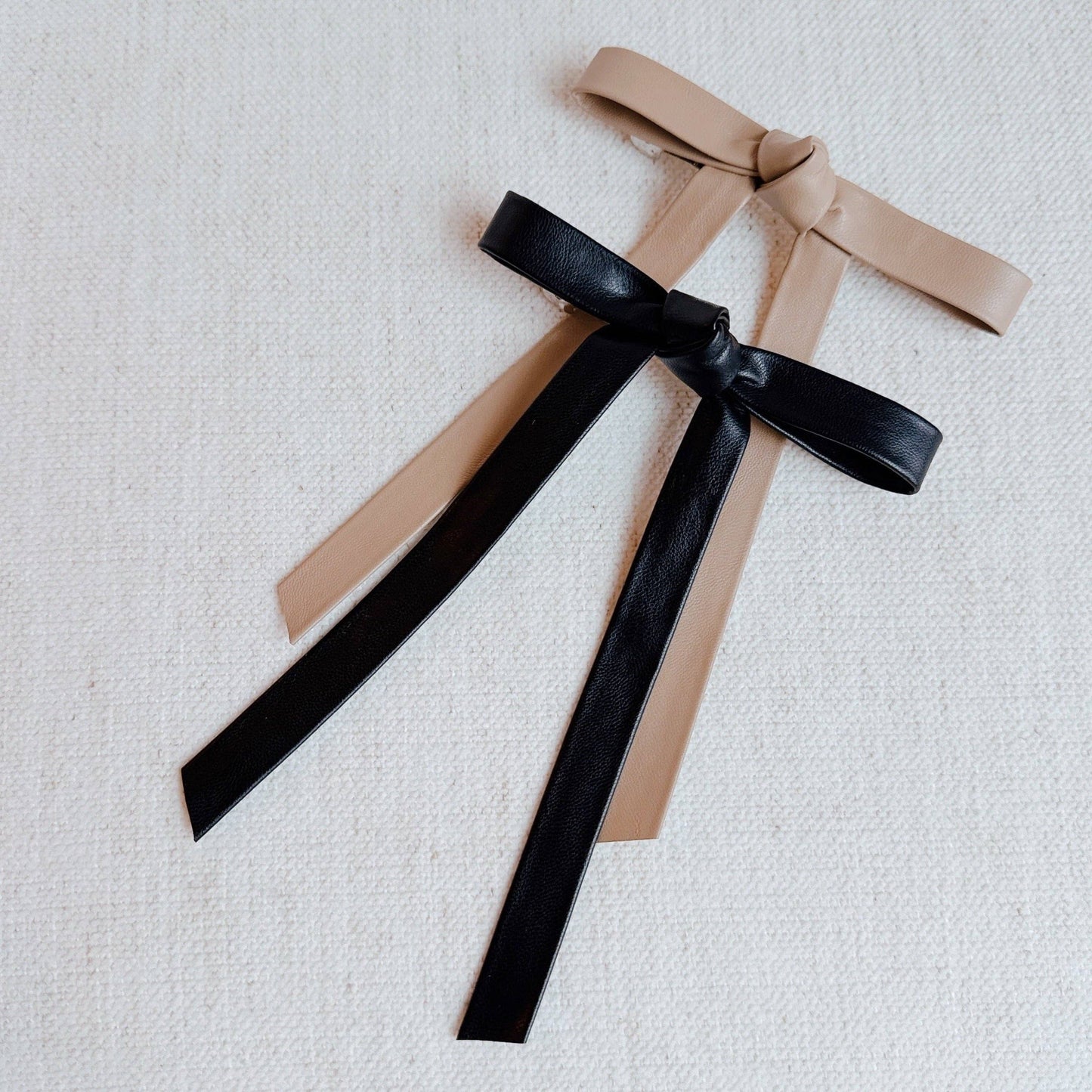 Preppy Structured Vegan Leather Bow Hair Clip - Black | Taupe