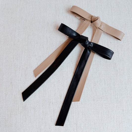 Preppy Structured Vegan Leather Bow Hair Clip - Black | Taupe