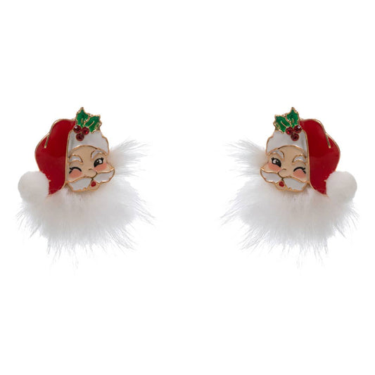 Pair of festive earrings with Santa Claus design on a white background