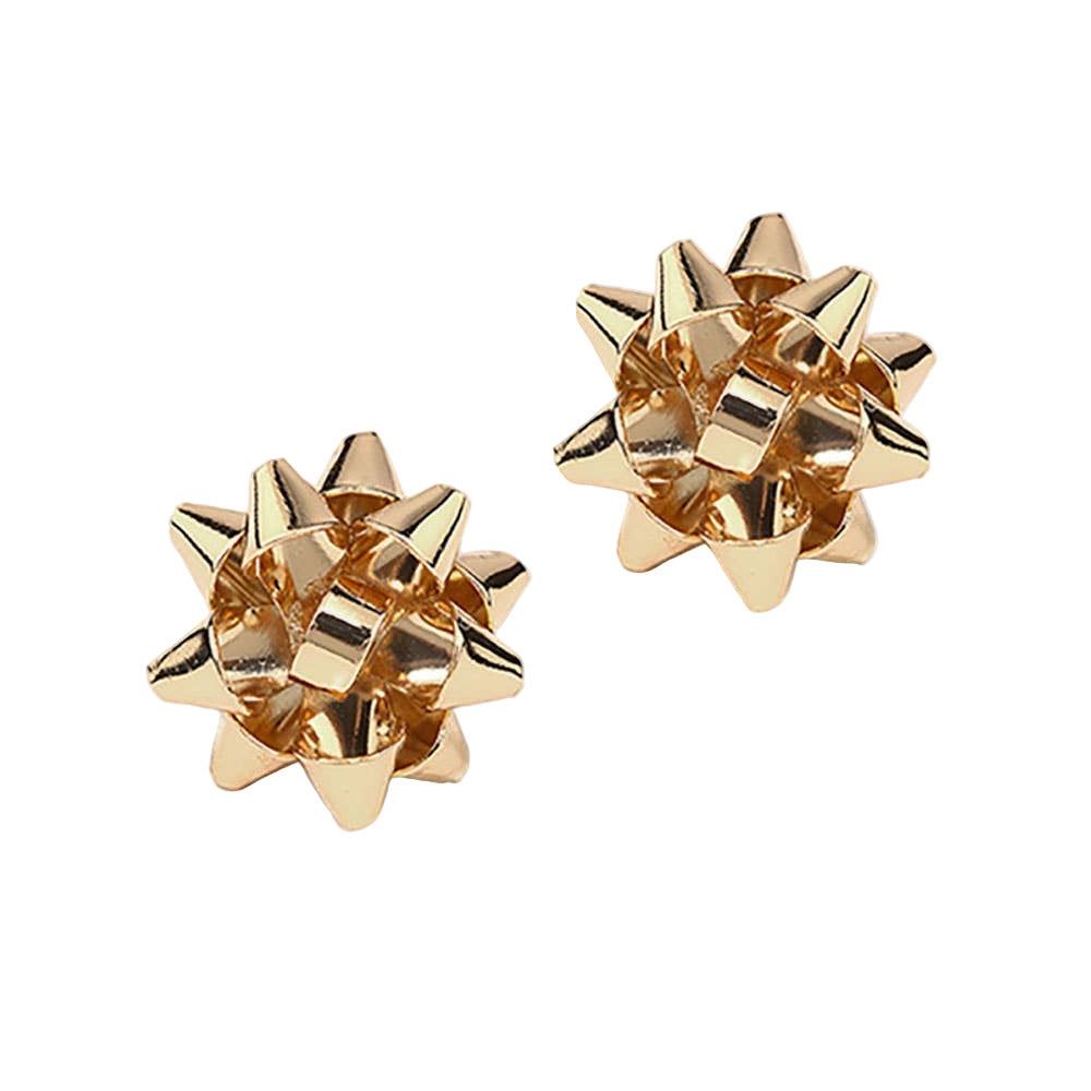 Pair of gold gift bow earrings on a white background
