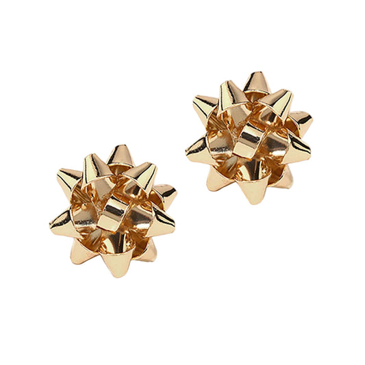 Pair of gold gift bow earrings on a white background