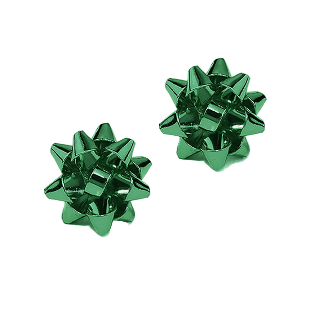 Green metallic bow-shaped earrings on a white background