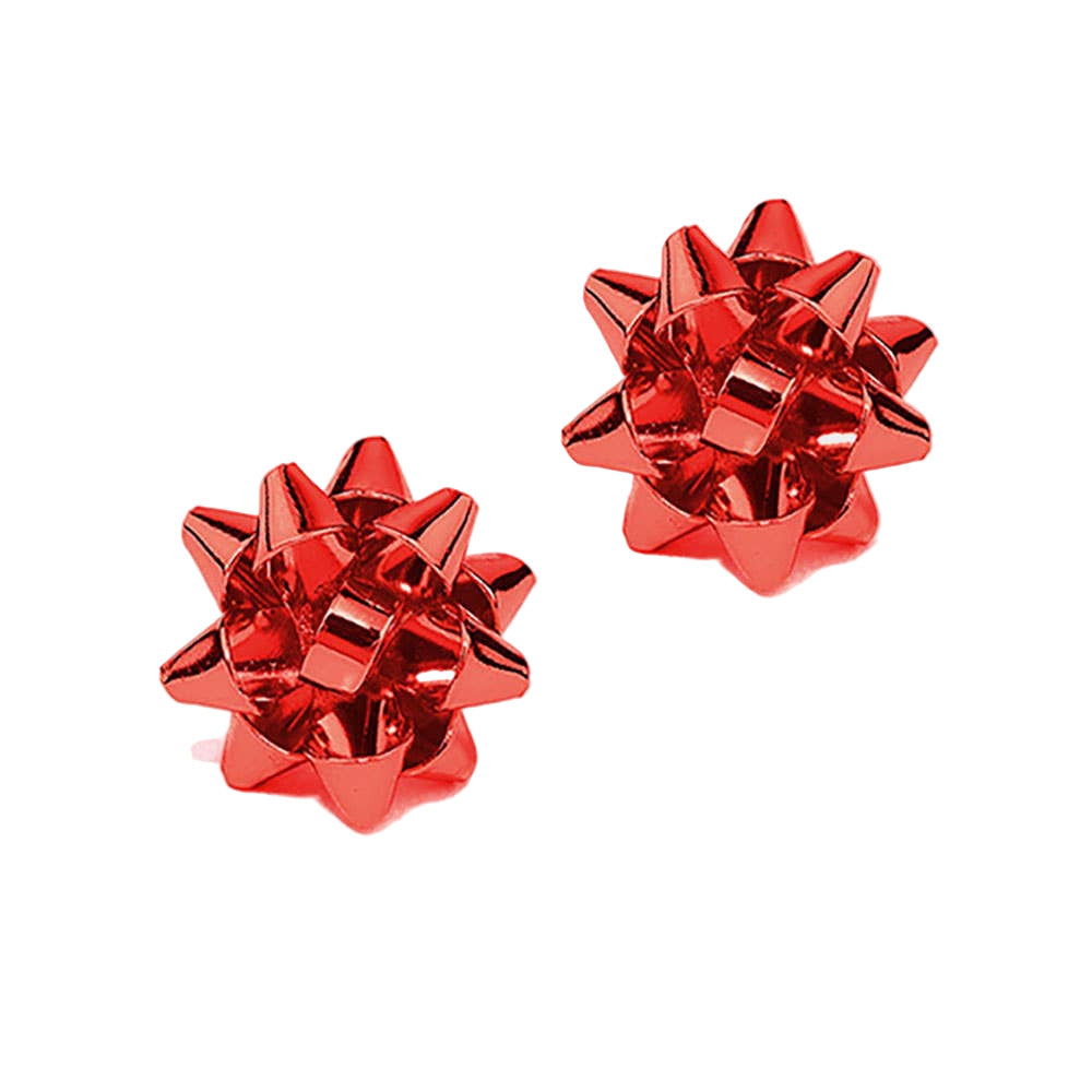 Red bow-shaped earrings on a white background
