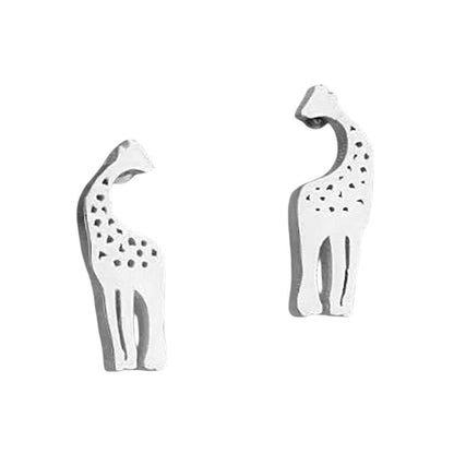 Two silver giraffe-shaped earrings on a white background