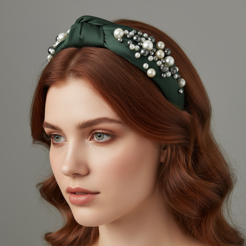 Green headband with pearl embellishments on a womans head
