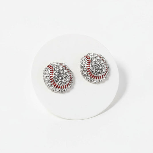 Crystal baseball earrings on a white card.