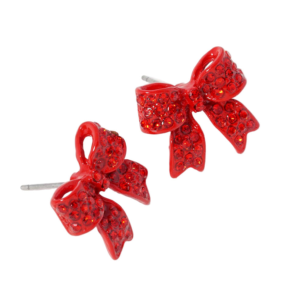 Red bow-shaped earrings on a white background