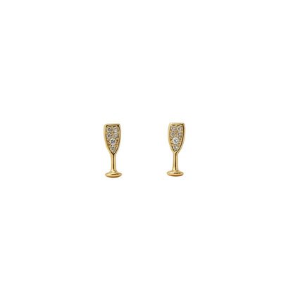 Gold-dipped rhinestone champagne glass earrings on a white background
