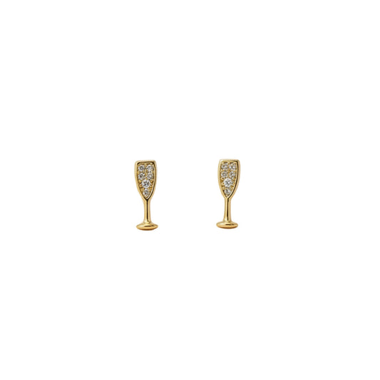 Gold-dipped rhinestone champagne glass earrings on a white background