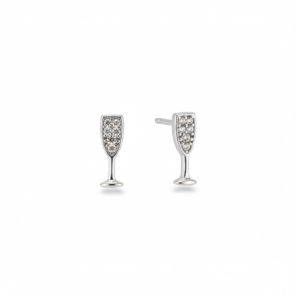 Silver wine glass earrings on a white background
