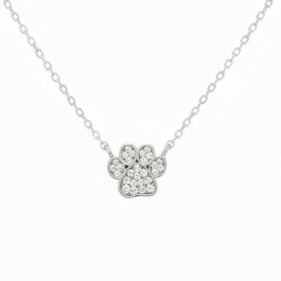 Silver necklace with a small, paw print pendant on a white background