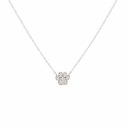 Silver necklace with a paw print-shaped pendant on a white background.
