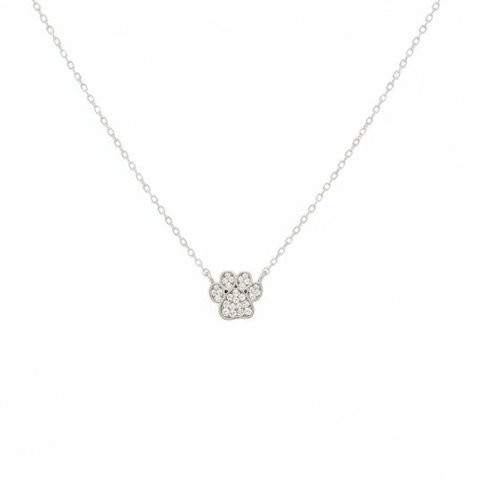 Silver necklace with a paw print-shaped pendant on a white background.