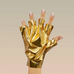 Gold foil gloves being worn on a neutral background