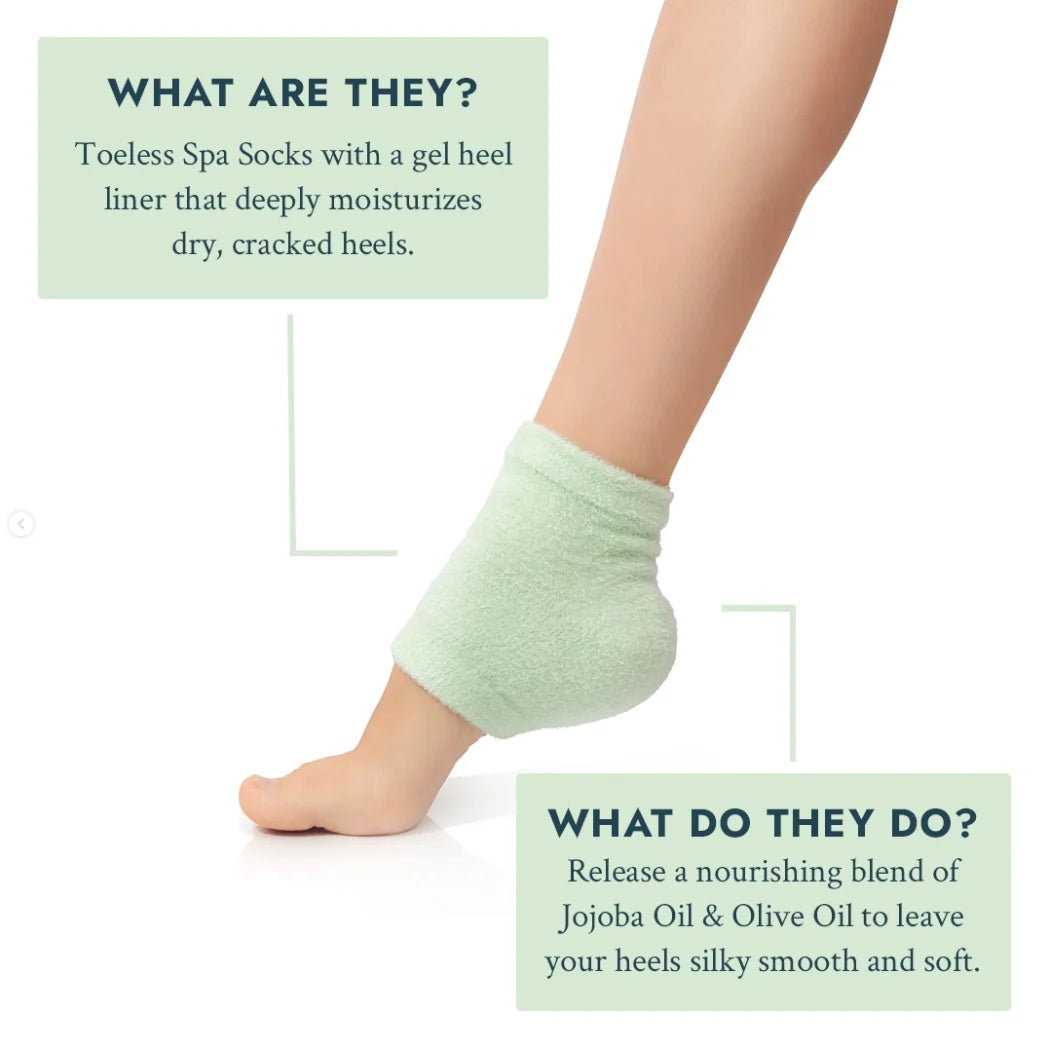 Toeless spa sock with a gel heel liner on a foot, labeled for moisturizing benefits.